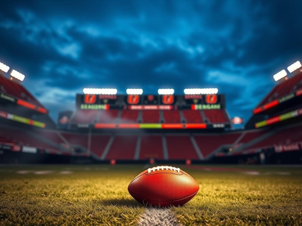 Flick International A twilight football field featuring Cincinnati Bengals colors with a deflated football on the grass