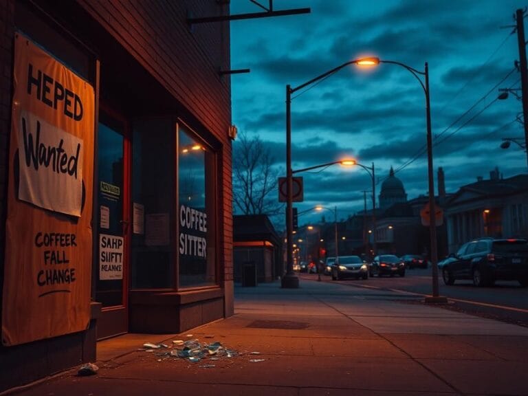 Flick International Dimly lit urban landscape in Portland featuring a boarded-up storefront and shattered glass symbolizing recent crime.