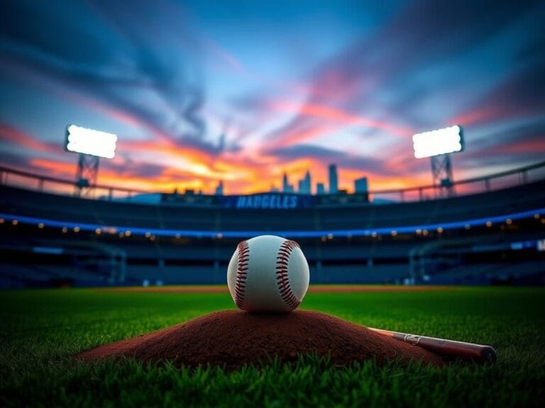 Flick International Dramatic sunset over Dodger Stadium with Clayton Kershaw's legacy personified on the pitcher's mound