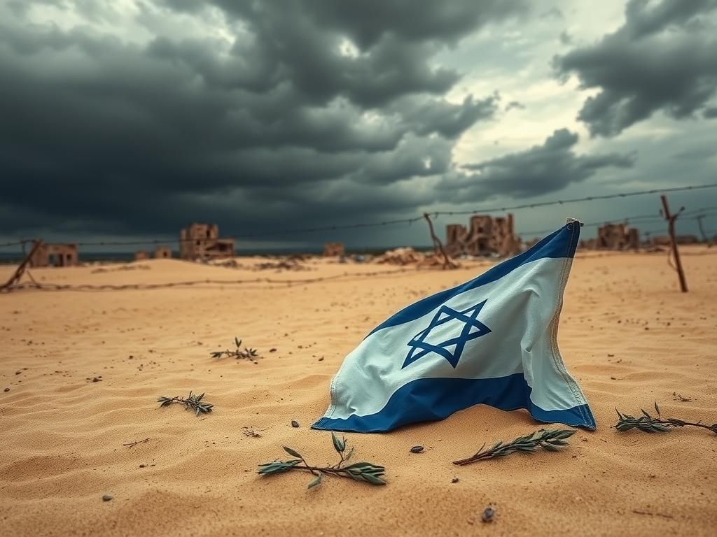 Flick International A crumpled Israeli flag symbolizes loss in a desolate landscape inspired by the Gaza Strip.