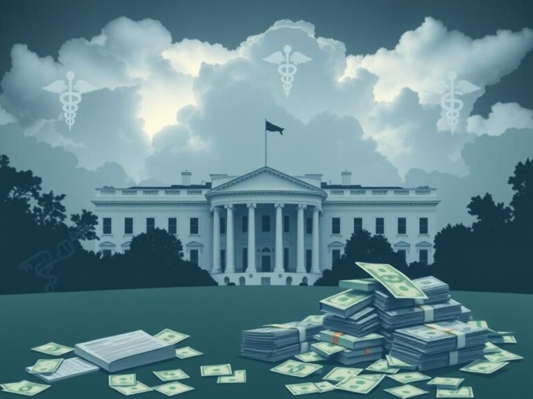 Flick International A large, imposing White House building with dramatic storm clouds, symbolizing political tension around healthcare funding.