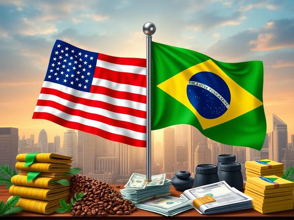 Flick International Diplomatic scene with intertwined flags of the USA and Brazil, symbolizing trade cooperation.