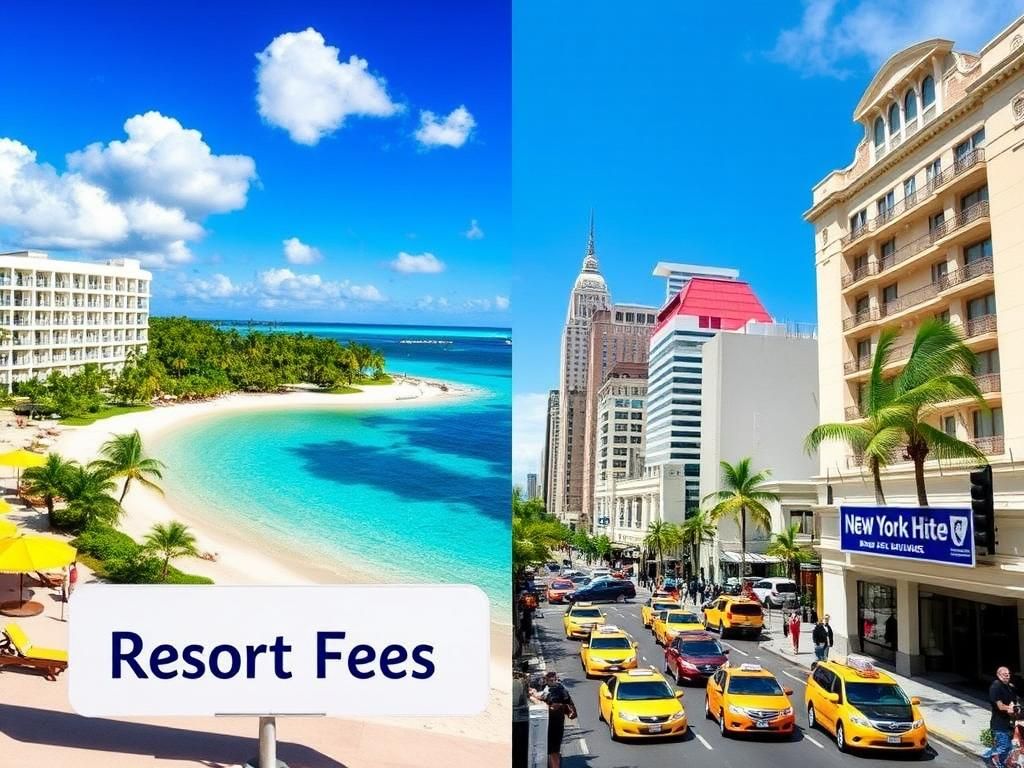 Flick International Split scene of contrasting vacation experiences between a tropical resort and a bustling New York City hotel