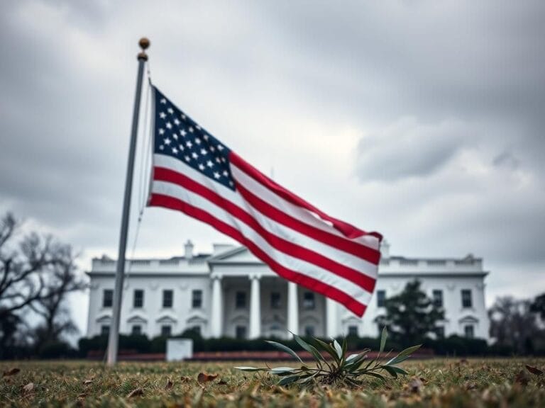 Flick International A solemn scene in front of the White House with an American flag and an olive branch.