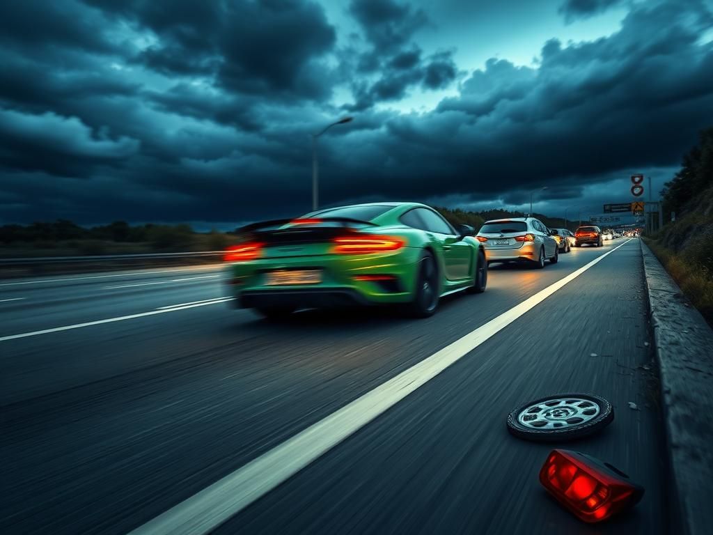 Flick International Blurred green sports car speeding past vehicles on a two-lane highway