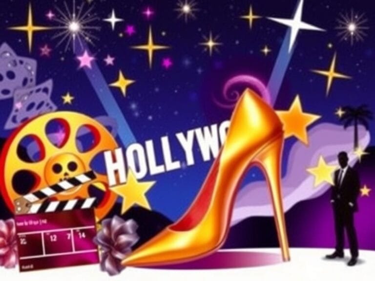 Flick International A vibrant Hollywood-themed collage featuring iconic entertainment symbols