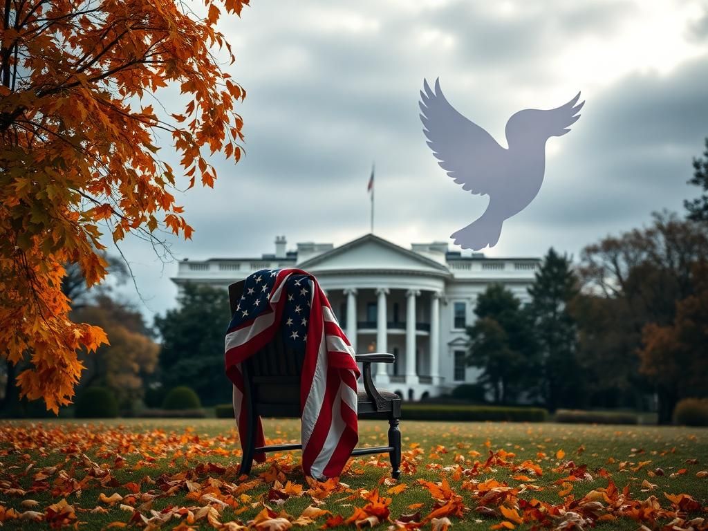 Flick International Somber scene at the White House with autumn leaves and an empty chair representing hostage absence