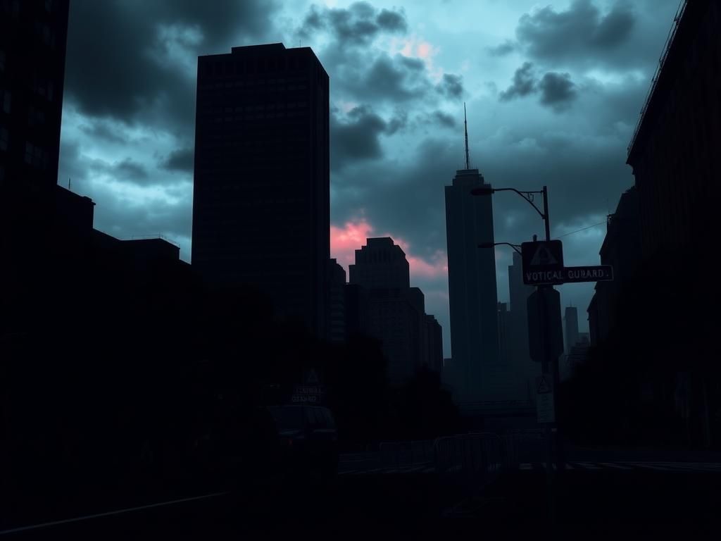 Flick International Somber urban landscape showing National Guard vehicles amid a tense city atmosphere.