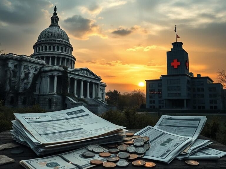 Flick International Composition of a crumbling government building with overgrown vines, symbolizing the federal shutdown debate over Medicaid for illegal immigrants.