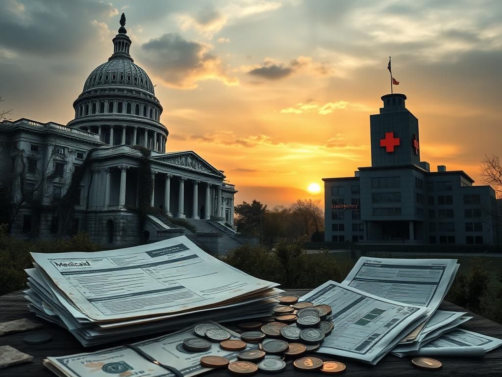 Flick International Composition of a crumbling government building with overgrown vines, symbolizing the federal shutdown debate over Medicaid for illegal immigrants.