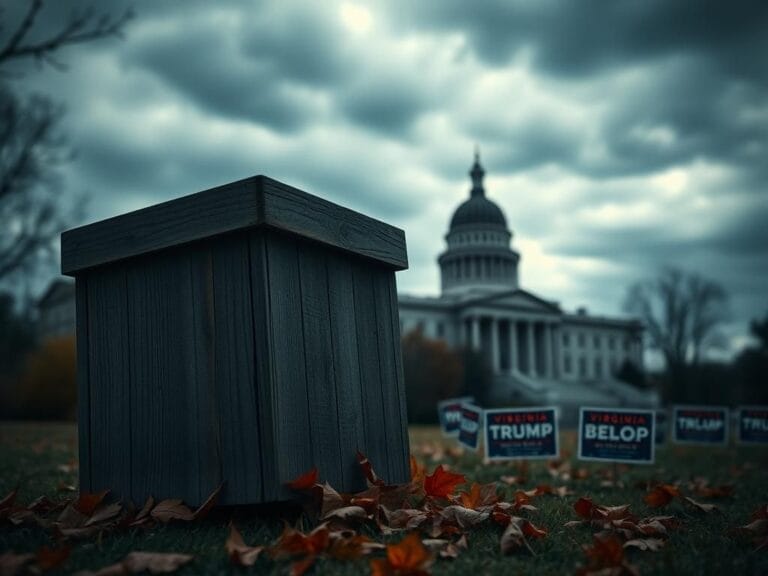 Flick International A weathered wooden ballot box surrounded by autumn leaves and campaign signs in Virginia