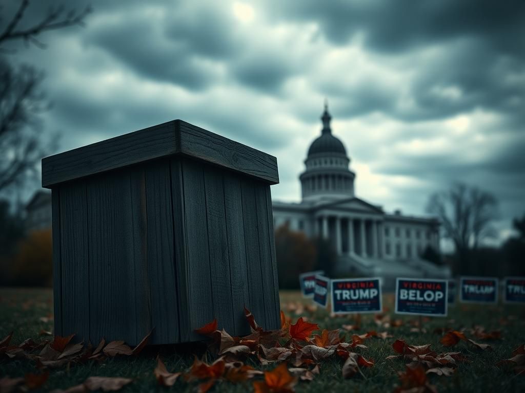 Flick International A weathered wooden ballot box surrounded by autumn leaves and campaign signs in Virginia