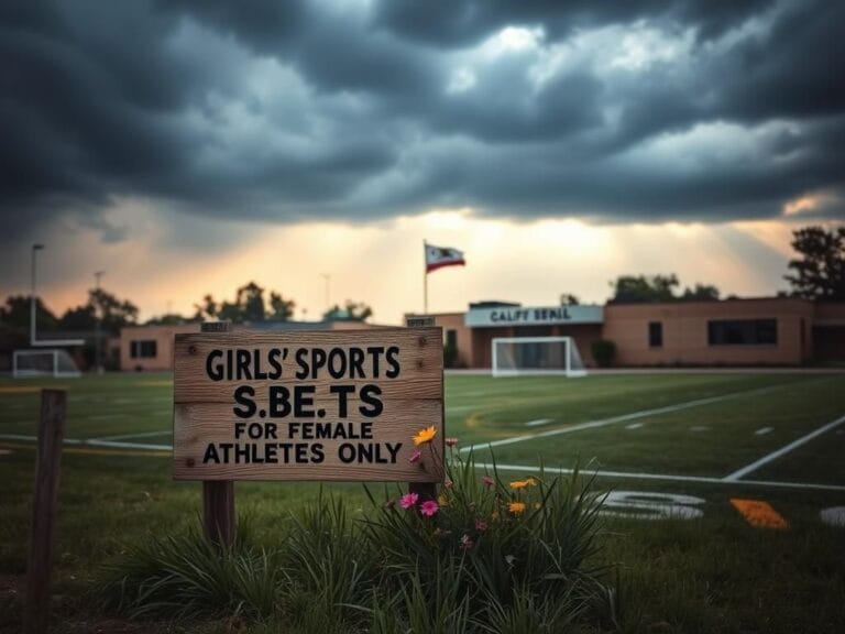 Flick International Empty high school sports field at dusk with goalposts and a sign for female athletes only