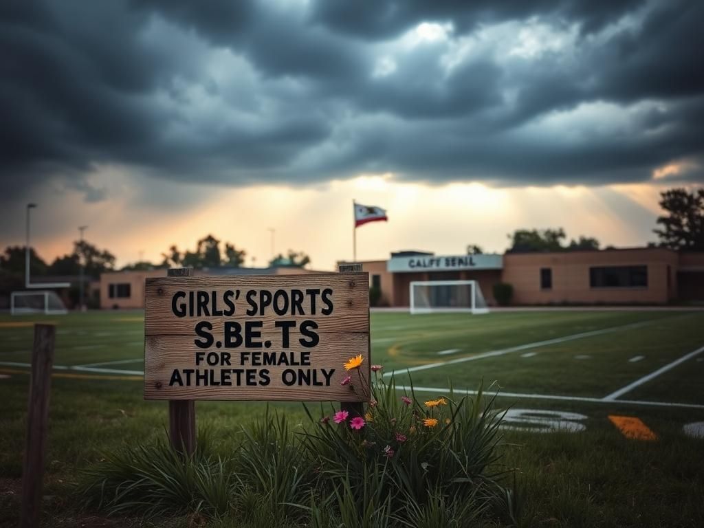 Flick International Empty high school sports field at dusk with goalposts and a sign for female athletes only