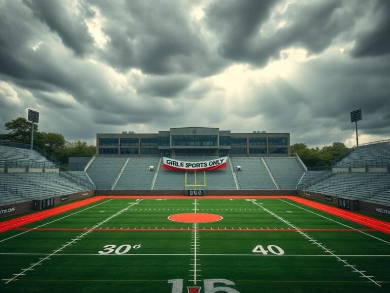 Flick International Aerial view of a high school sports field with empty bleachers and a scoreboard