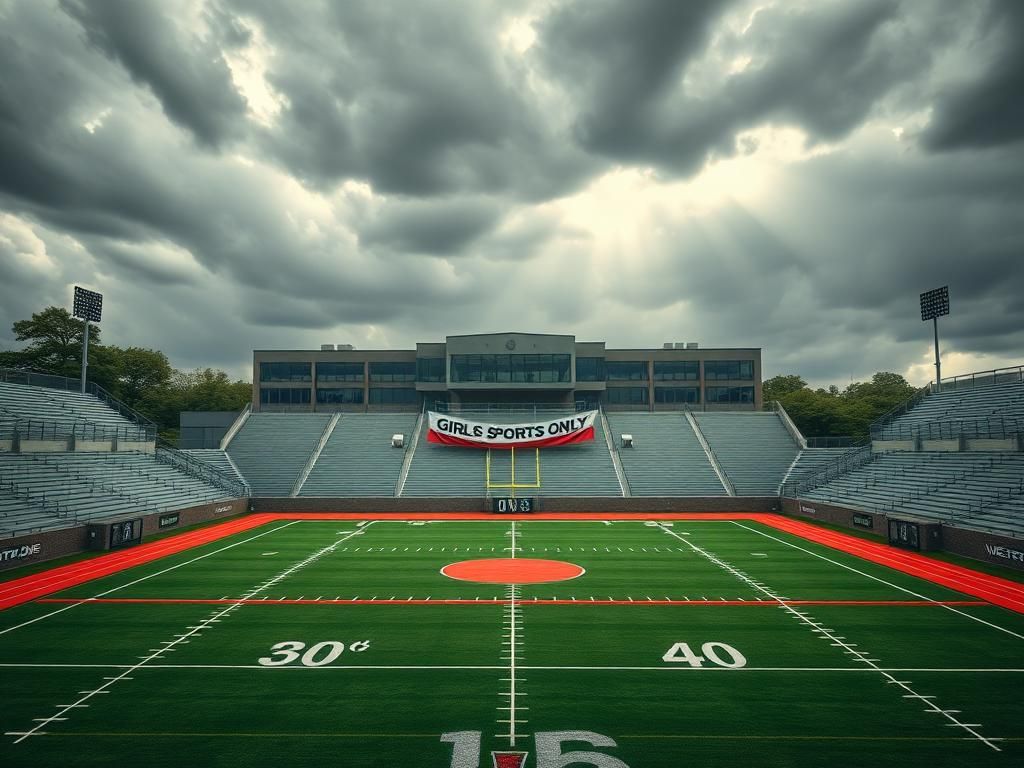 Flick International Aerial view of a high school sports field with empty bleachers and a scoreboard