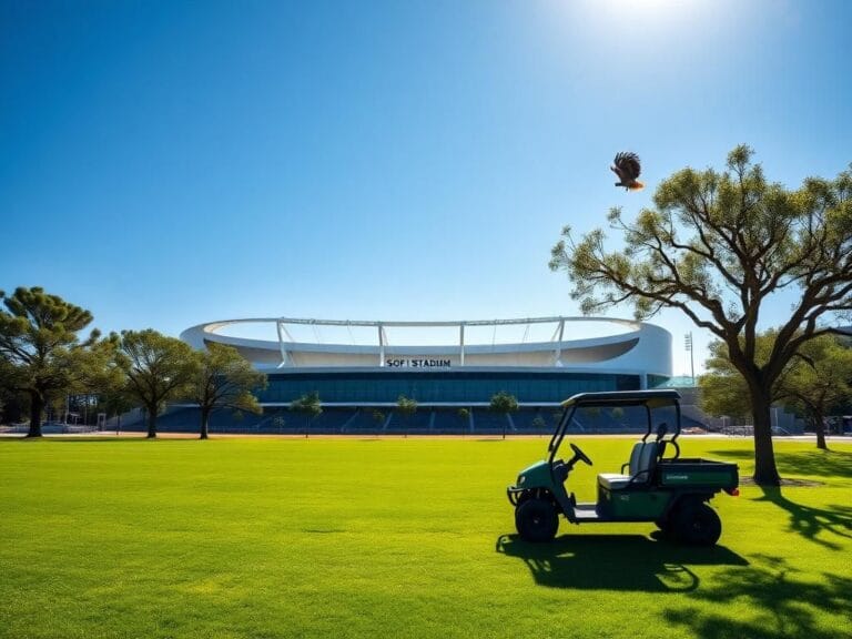 Flick International A solitary hawk perched on a tree branch at SoFi Stadium under a clear blue sky