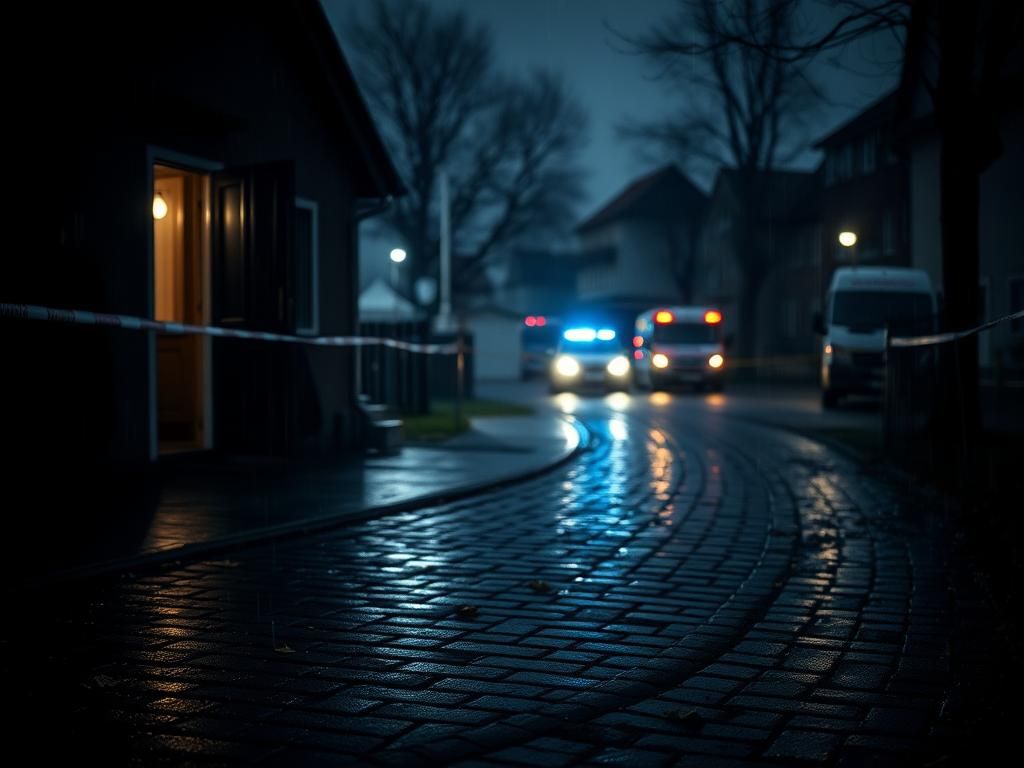 Flick International Dimly lit scene of a modest home in Herdecke, Germany, after a stabbing incident.