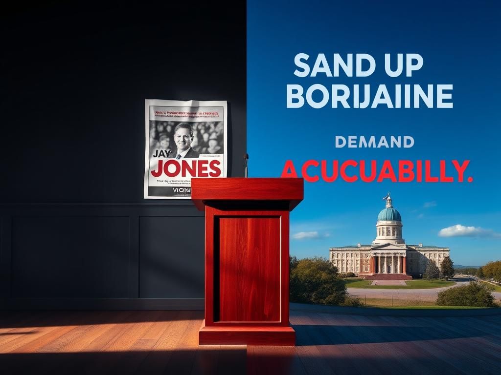 Flick International Dramatic political ad backdrop contrasting controversy and accountability with dark and vibrant scenes