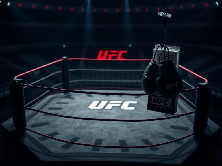 Flick International Close-up of a UFC ring with the iconic logo, showcasing a worn mat and empty arena backdrop