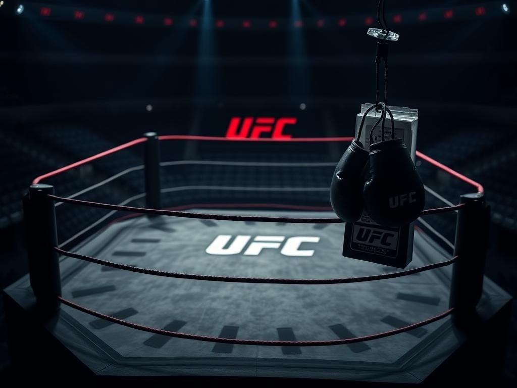 Flick International Close-up of a UFC ring with the iconic logo, showcasing a worn mat and empty arena backdrop