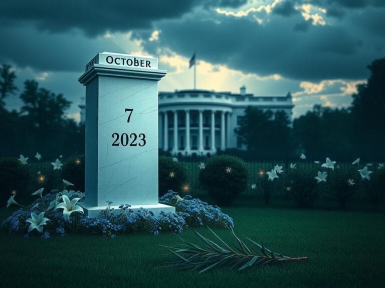 Flick International White marble pillar inscribed with 'October 7, 2023' surrounded by solemn flowers and the White House silhouette