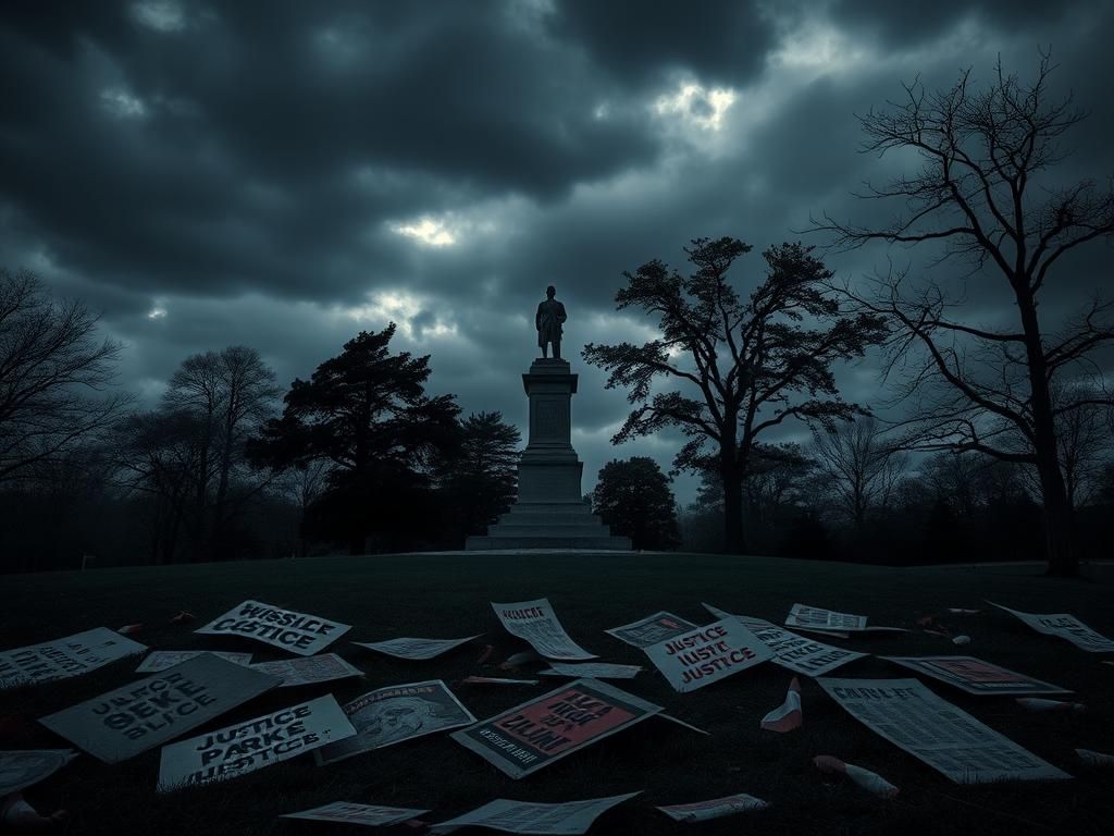 Flick International Dark, moody landscape of Justice Park in Charlottesville with protest signs and a weathered statue