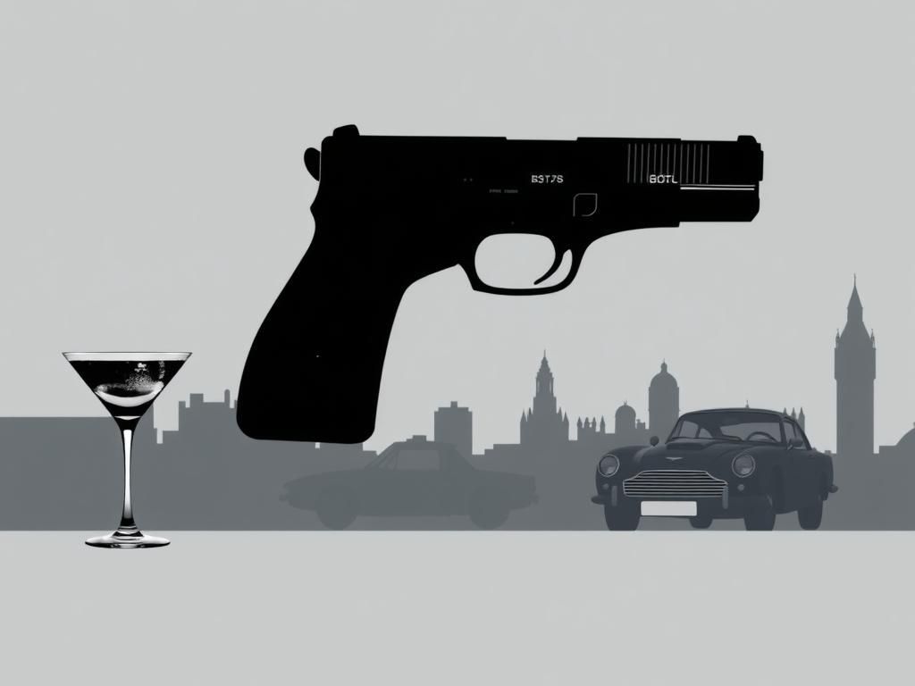 Flick International Minimalist rendering of a British spy-themed setting with an empty silhouette of a sleek handgun