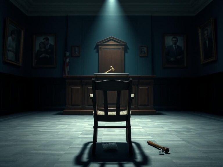 Flick International Dimly lit courtroom with empty witness stand and crumpled tissue on the floor