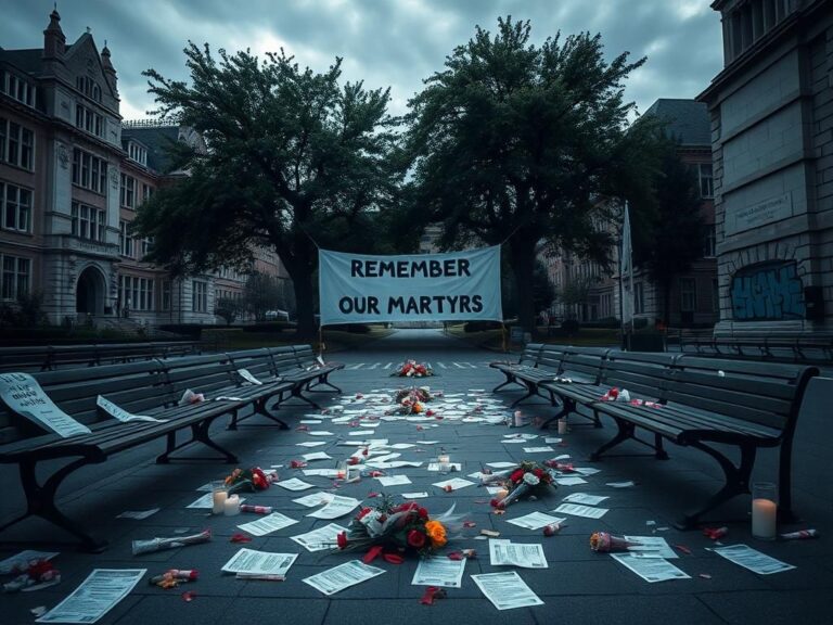 Flick International Empty university campus benches with anti-war leaflets and memorial flowers reflecting on the Hamas conflict