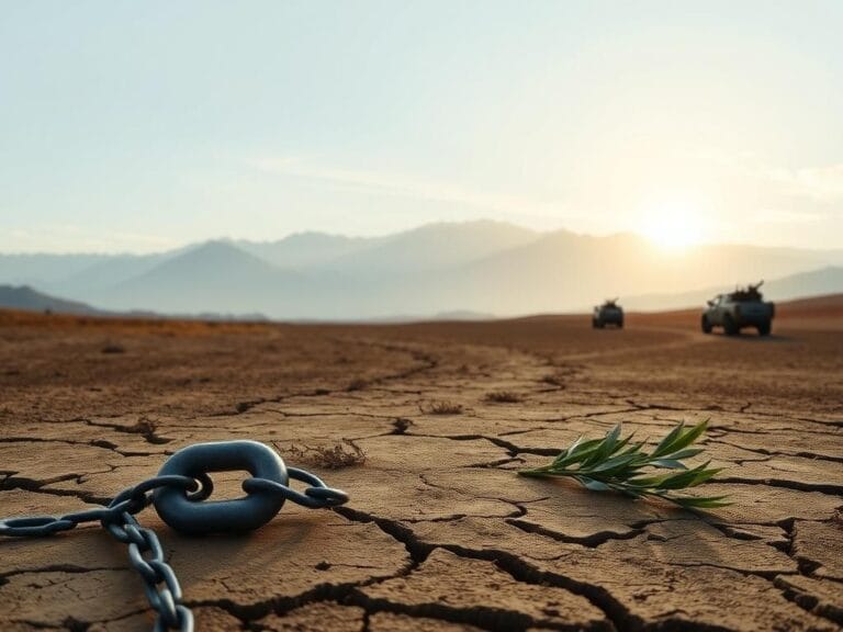 Flick International Symbolic scene depicting broken chains on cracked earth representing freedom and hope