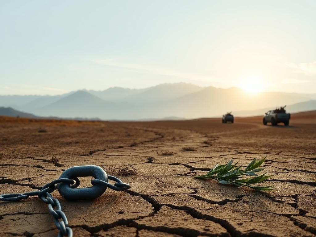 Flick International Symbolic scene depicting broken chains on cracked earth representing freedom and hope