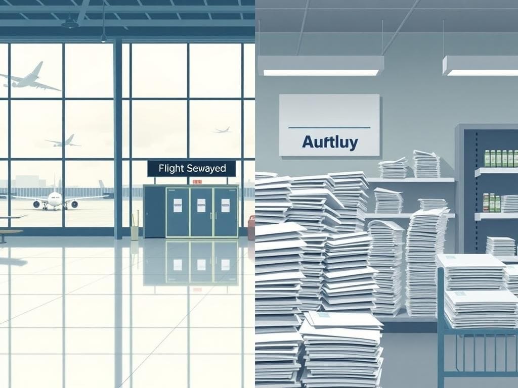 Flick International Split scene showing the impact of a government shutdown on an empty airport terminal and a bustling Social Security office.
