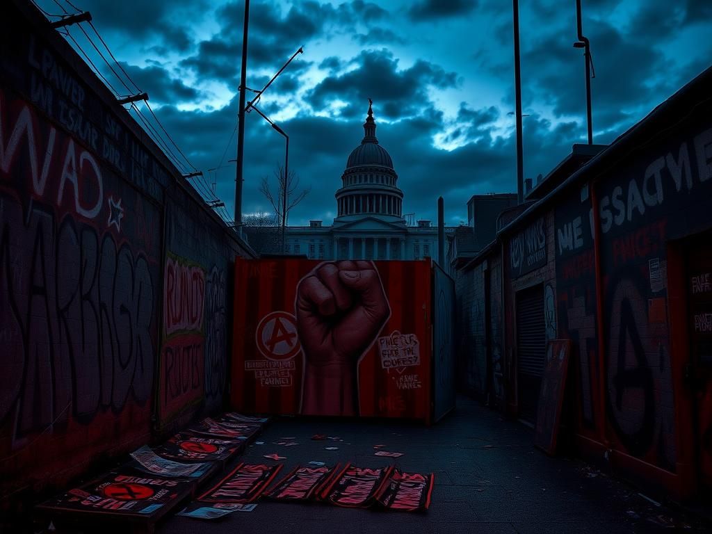 Flick International Dark urban landscape at dusk with graffiti and a clenched fist mural symbolizing resistance