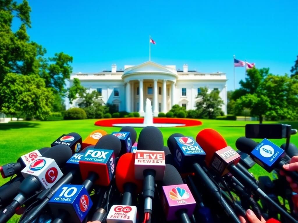 Flick International A vibrant scene outside the White House with numerous microphones from various news networks.