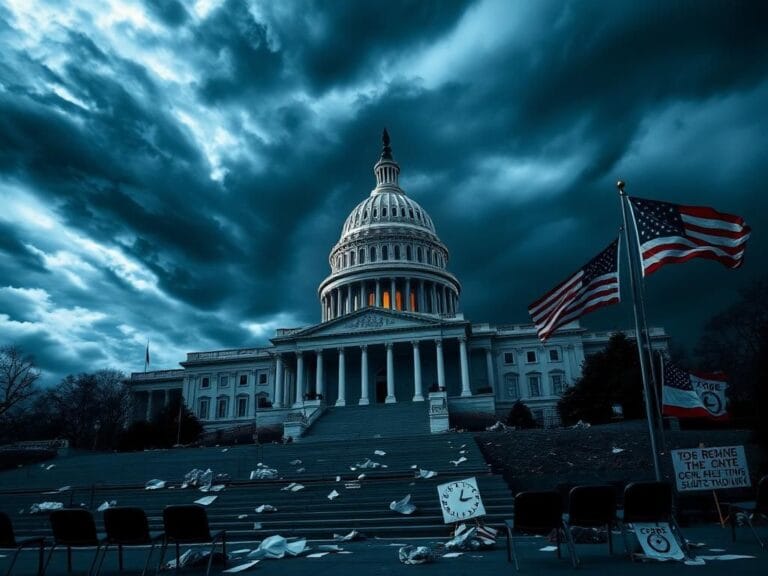Flick International Dimly lit Capitol building under stormy sky with clock tower and crumpled papers