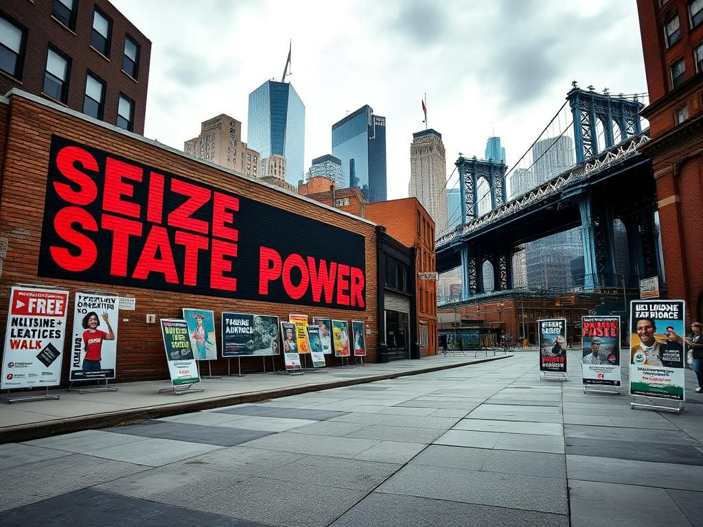 Flick International Striking mural in New York City featuring 'Seize State Power' in socialist colors
