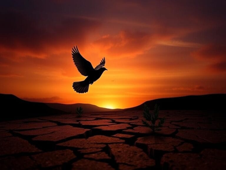 Flick International A silhouette of a dove soaring over a fragmented landscape symbolizing hope and peace in the Middle East