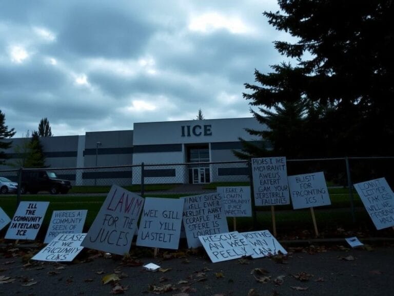 Flick International A serene scene outside the Portland ICE facility with peaceful protest signs and a National Guard vehicle