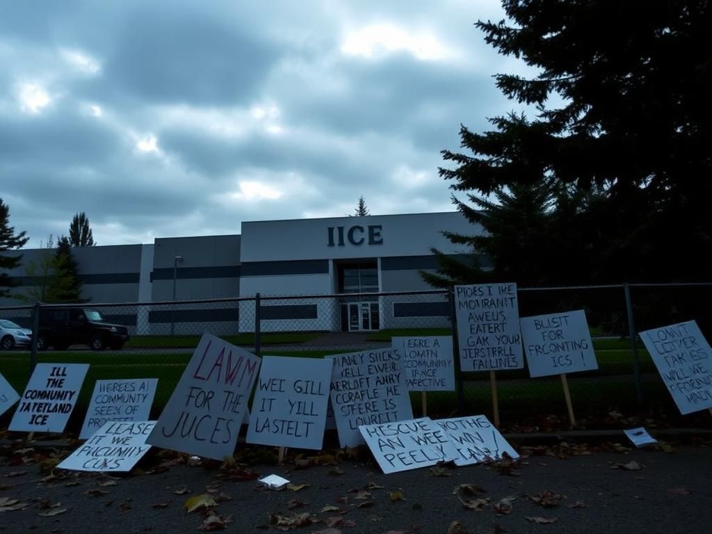 Flick International A serene scene outside the Portland ICE facility with peaceful protest signs and a National Guard vehicle