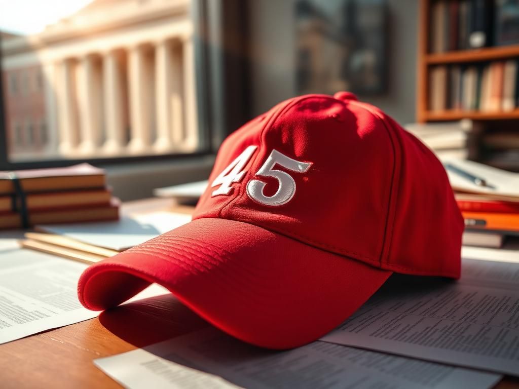 Flick International Close-up of a red baseball cap with '45' and '47' embroidered, symbolizing political expression on an academic desk