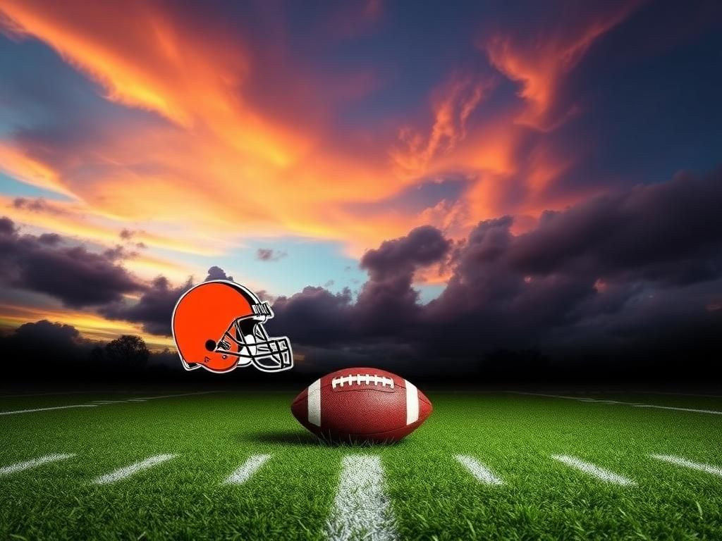 Flick International Abstract representation of a football field under dramatic evening skies reflecting the tension of a rookie quarterback's journey.