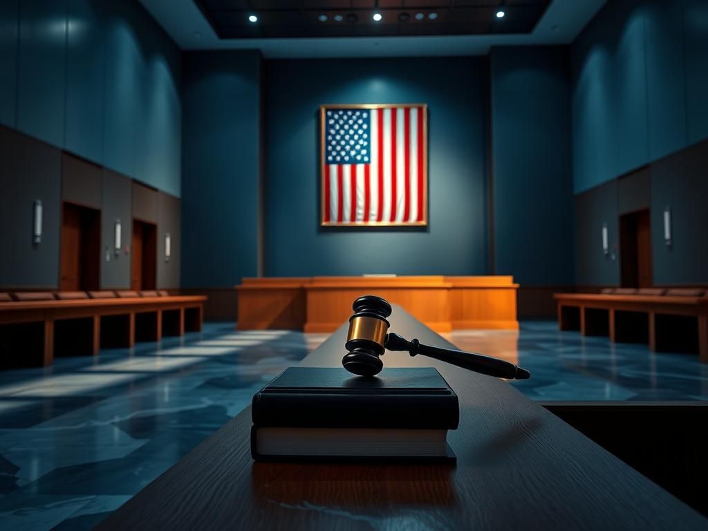 Flick International Modern courtroom interior featuring empty wooden bench and gavel