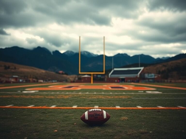 Flick International Colorado Buffaloes football field with a lone football under an overcast sky
