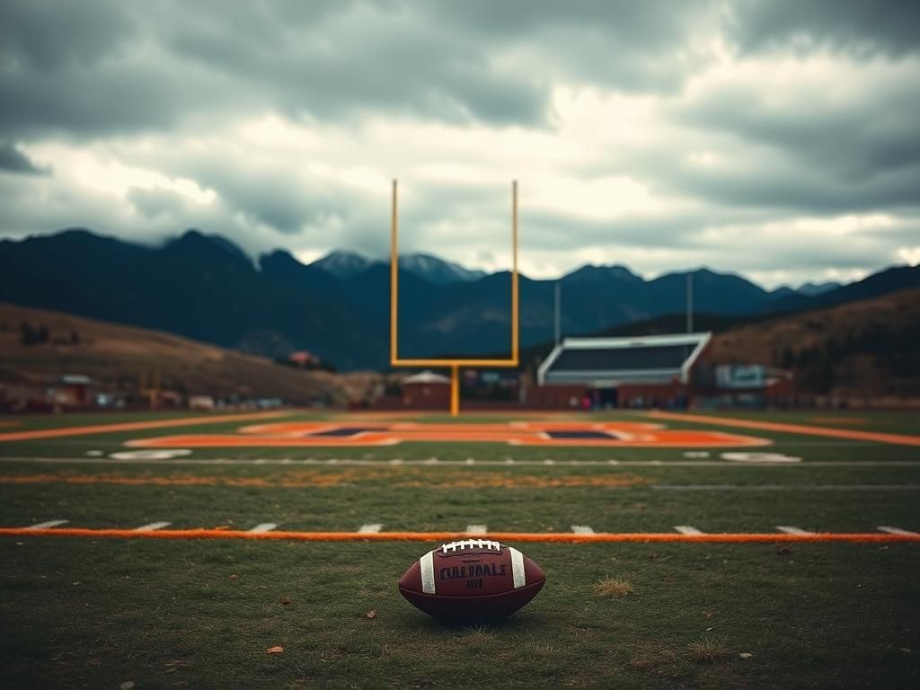 Flick International Colorado Buffaloes football field with a lone football under an overcast sky