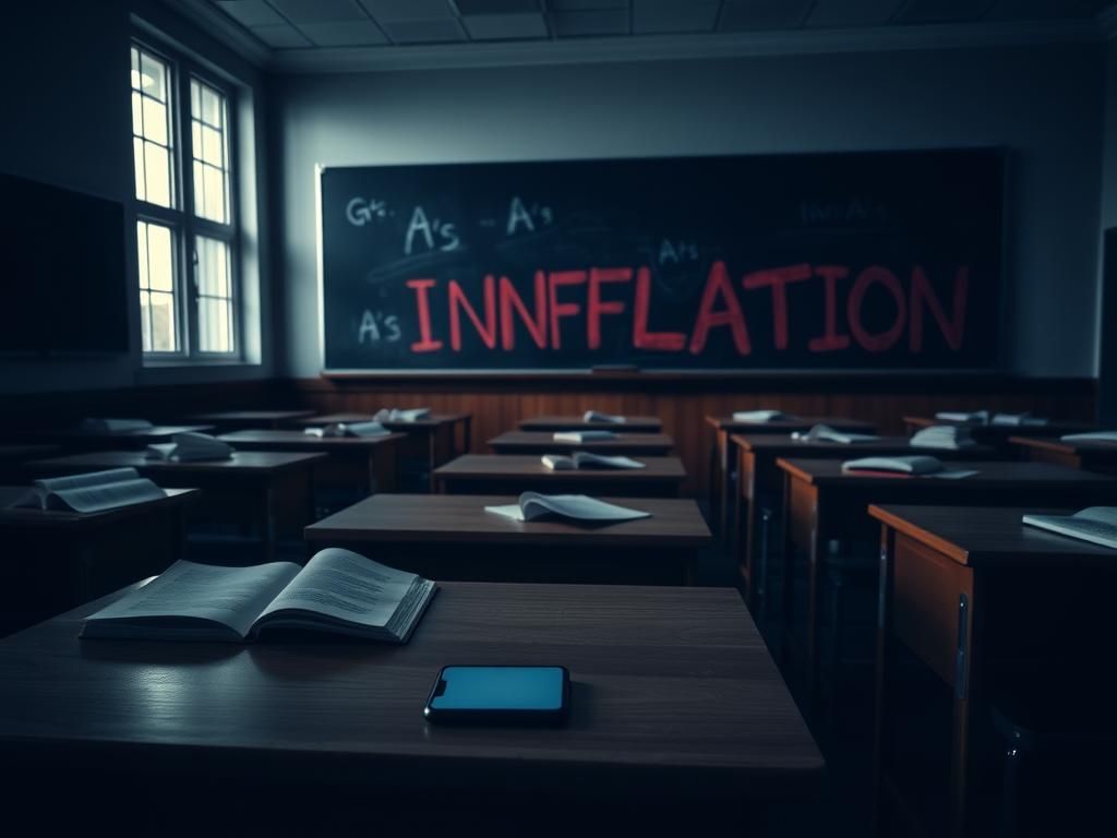 Flick International Empty university classroom with unoccupied desks and a glowing smartphone symbolizing distraction