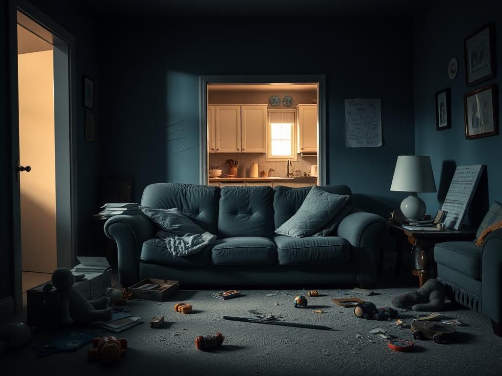 Flick International Dimly lit living room scene with messy couch and scattered toys symbolizing domestic conflict