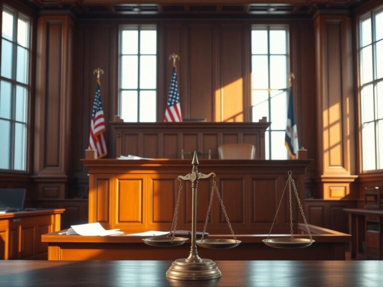 Flick International Empty courtroom with a prominent judge's bench and witness stand