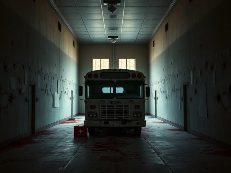 Flick International Interior view of Dallas ICE facility showing blood-stained floors and bullet holes