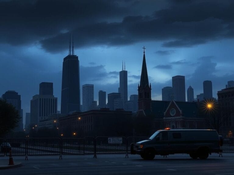 Flick International A somber urban scene of Chicago at dusk featuring the skyline, with the Willis Tower and St. Peter's Catholic Church silhouetted against a stormy sky.